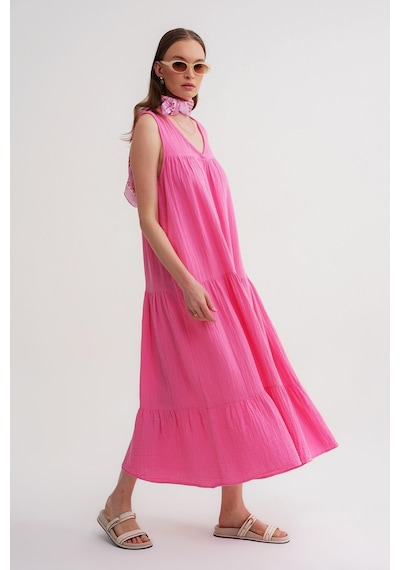 Mixray 4673 Kadın Büzgü Detaylı Müslin Elbise Pembe
