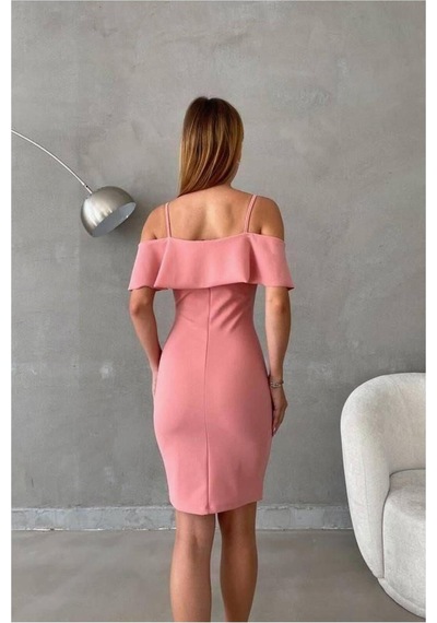 Lior Design Kadın Sade Madonna Yaka Volanlı Abiye Elbise Pudra