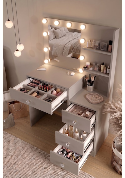 Robin Home Hollywood Makyaj Masası 4 Çekmeceli Düzenleyici Hollywood Led Işıklı Raflı Kumsal Bej Robin Home Hollywood Makyaj Masası 4 Çekmeceli Düzenleyici Hollywood Led Işıklı Raflı Kumsal Bej
