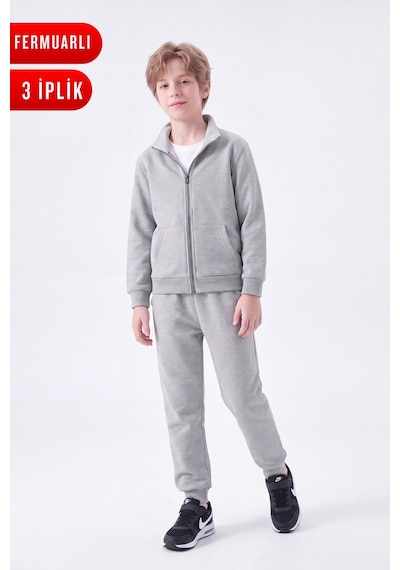 Panios Kids Erkek Çocuk 3 İplik Düz Basic Fermuarlı Dik Yaka Çift Cepli Eşofman Takımı Gri