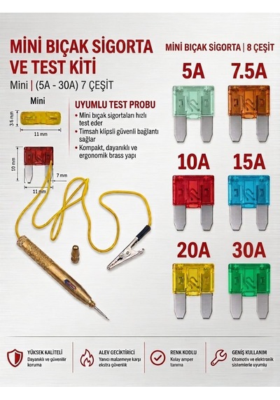 Oto Elektrik Kontrol Kalemi + 21'li Mini Bıcak Sigorta Seti Araç Devre Test Ve Sigorta Kit