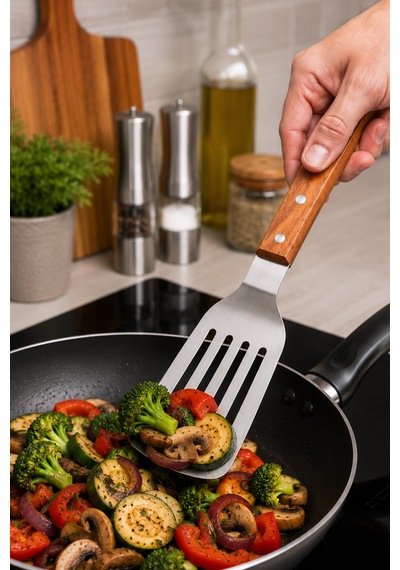 Japon Spatulası Bıçaklı Ve Delikli - Profesyonel 304 Kalite - Teppanyaki Stil Spatula - Ahşap Akasya Saplı - Hem Dekoratif Hem Pratik Çelik