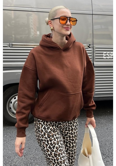 Acı Kahverengi Kapüşonlu Şardonlu Oversize Cepli Sweatshirt Mg2206