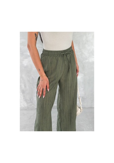 Gugus Trend Kadın Beli Lastikli Bol Paça Wide Lige Eskitme Keten Pantolon Haki