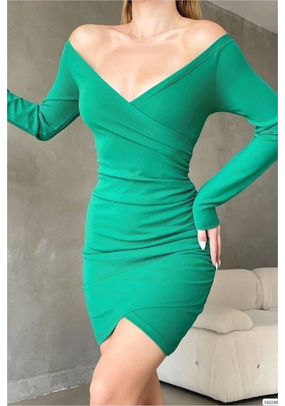 Veraura Lifestyle Kadın Kruvaze Yaka Büzgülü Mini Uzun Kollu Elbise Yeşil