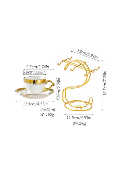 Valkyrie 6 Kişilik Gold Detaylı Porselen Türk Kahvesi Fincan Takımı Standlı 90 Ml 12 Parça