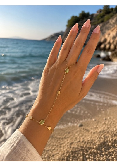 Taş Detaylı Gold Renk Çelik Şahmeran El Zinciri Kadın Bileklik Zümrüt yeşili