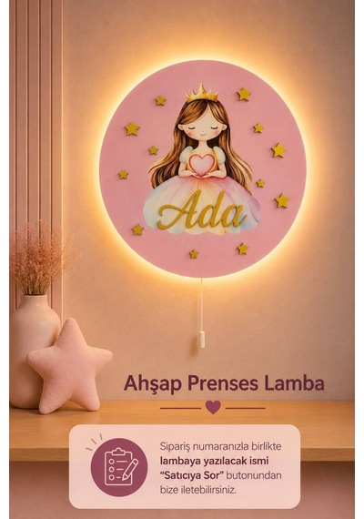 Ahşap Prenses Lamba İsme Özel Pilli Ledli Gece Lambası Bebek Çocuk Odası Pembe