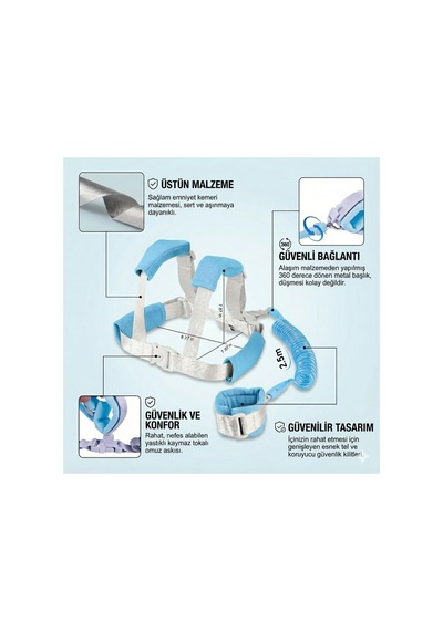 Çocuk Emniyet Tasması Ve Bilek Bağı Seti 3in1 Ayarlanabilir 2.5m Anti Kayıp Güvenlik Sistemi Mavi Blue