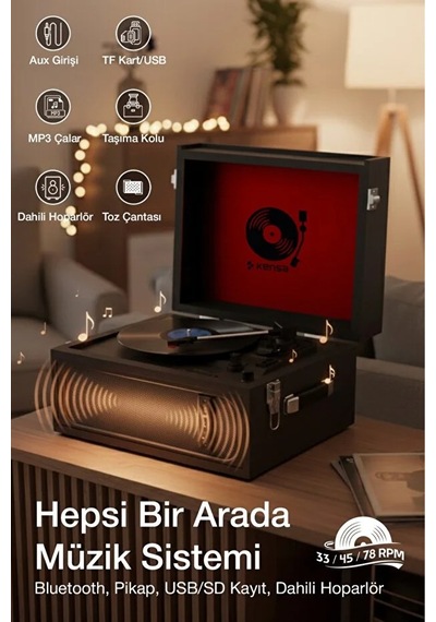 Bluetooth Retro Pikap Plak Çalar Taşınabilir Çanta Tasarım, Usb & Aux Destekli, 33/45/78 Rpm