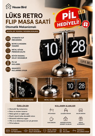 Lüks Retro Flip Masa Saati Pil  Otomatik Mekanizmalı Metal Masaüstü Saat