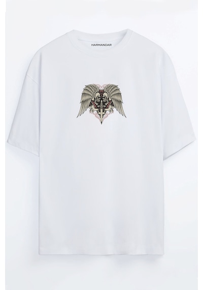 Kılıc Iskelet Baskılı Unisex Siyah - Beyaz - Turuncu - Bej Oversize T-shirt Beyaz