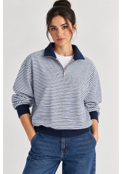 Mevese Çizgili Desen Polo Yaka Fermuarlı Oversize Kadın Sweatshirt - Lacivert