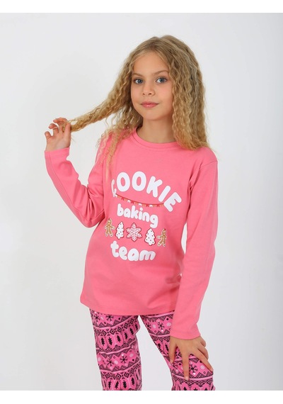 Kız Çocuk Uzun Kollu %100 Pamuklu Pijama Takımı Cookie Team Pembe
