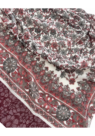 Fureya Vintage Desen Büyük Ebatlı Pamuk Eşarp Bordo