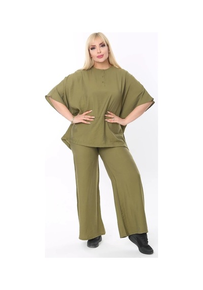 Mia Butik Büyük Beden Haki Yuvarlak Yaka Salaş Takım Haki