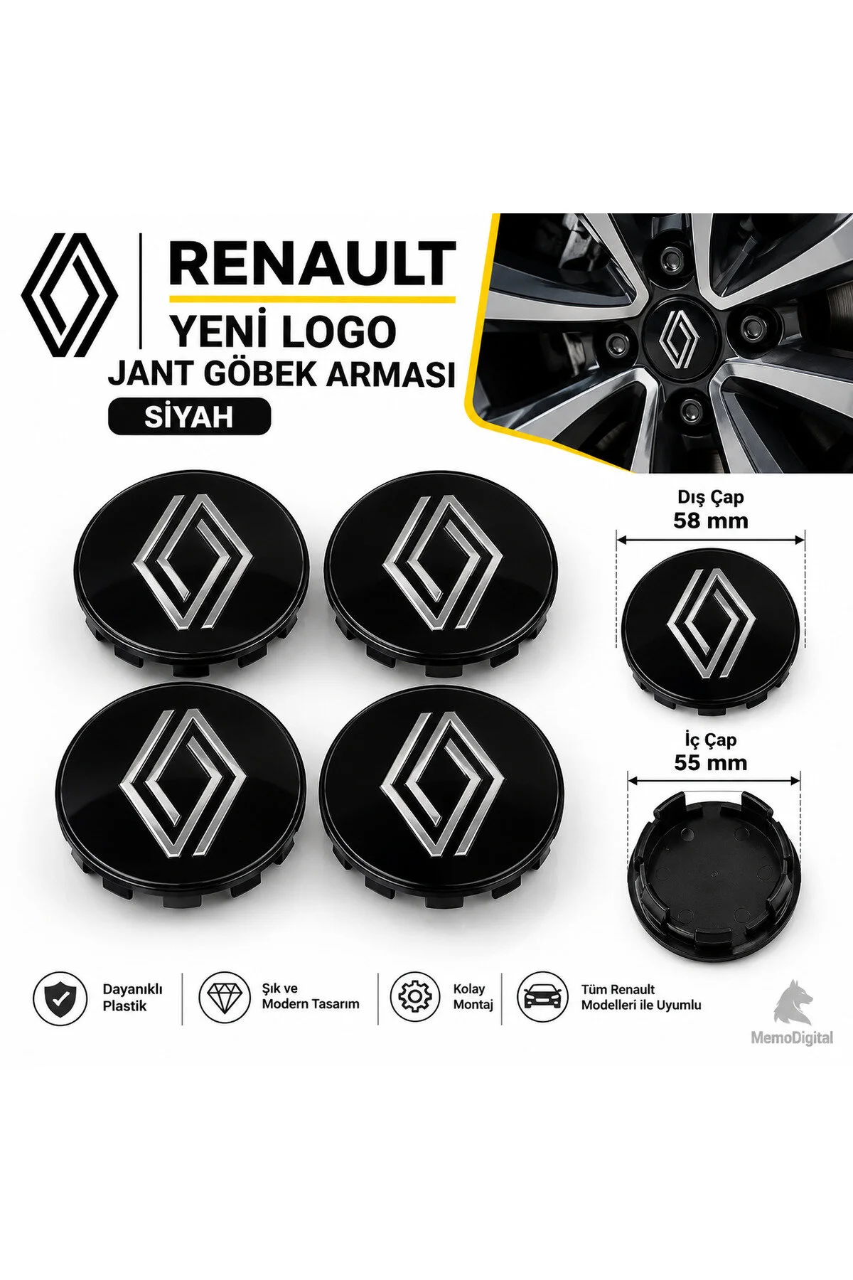Renault Yeni Logo Jant Göbek Arması Siyah 58 Mm - 55.5 Mm