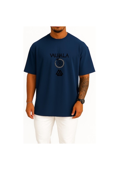 Bahriyeli Collection Oversize Valhalla Göğüs Baskılı Unisex T-shirt Lacivert
