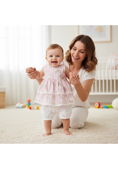 Ürünya Kız Bebek Çocuk Fiyonklu Çiçekli Sıfır Kollu 2'li Takım Pembe