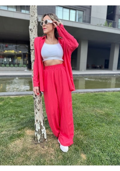 Kadın Gofre Alt Üst Gömlek Fuşya Pantolon Takım - S504472 Pembe