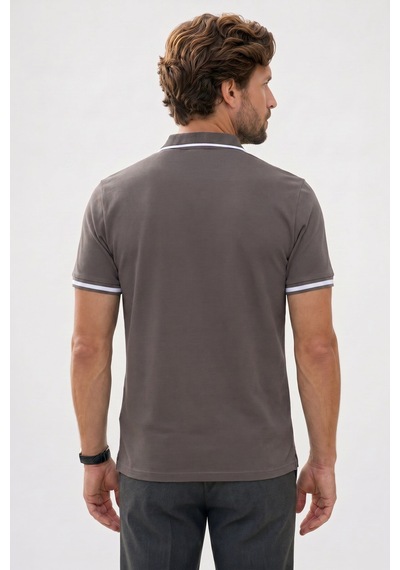 Tudors Erkek Slim Fit Dar Kesim %100 Pamuk Jakarlı Düz Yaka Ve Kol Detaylı Gri Polo Yaka Tişört-50216