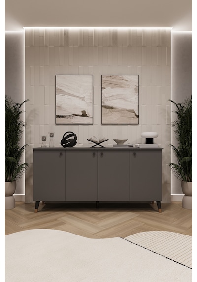 Asra Trend 4 Kapaklı Konsol KNSL01 %100 MDF Metal Ayaklı Çok Amaçlı Dolap Antrasit