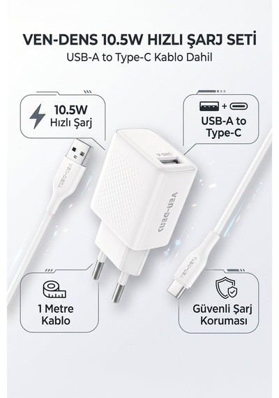 Ven-dens Vd-tc019ba01 10,5 W Usb-a Şarj Adaptörü Ve 1 Metre Type-c Kablo Seti, Kompakt, Beyaz