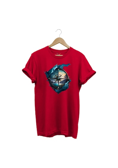 Renkli Manzara Ve Pusula Baskılı %100 Pamuk Regular Fit Kırmızı T-shirt Kırmızı