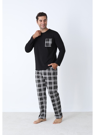 Arcan Erkek Pijama Takımı Uzun Kol Ekose Pamuklu Siyah
