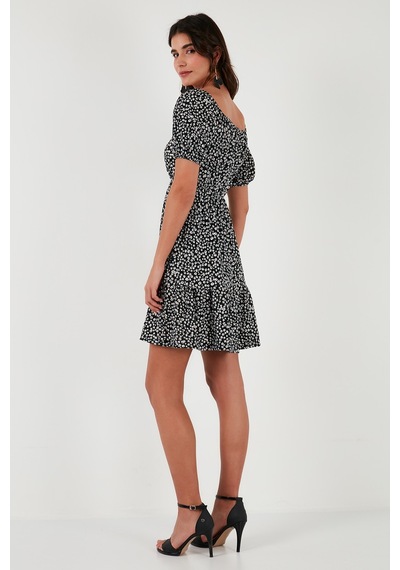 Lela Desenli Slim Fit Carmen Yaka Mini Bayan Elbise 5865620 Siyah