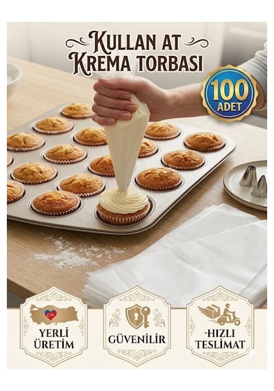 Profesyonel 100 Adet Kullan At Krema Torbası Seti - Kolay Kullanım, Kusursuz Pasta Ve Kek Süsleme - 100 Adet Şeffaf