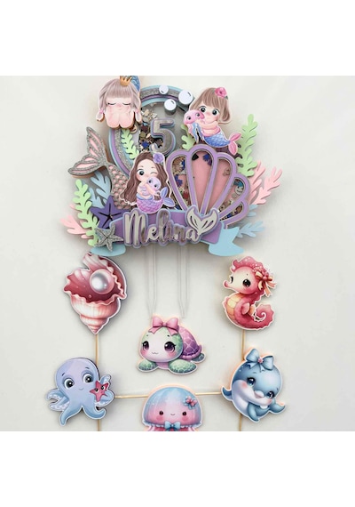Deniz Kızı Temalı Kız Çocuk Doğum Günü İsme Özel 3d Pasta Süsü Seti Cake Topper Çocuk