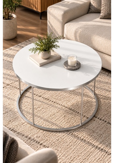 Sulorahome Gümüş Ayaklı Beyaz Yuvarlak Orta Sehpa
