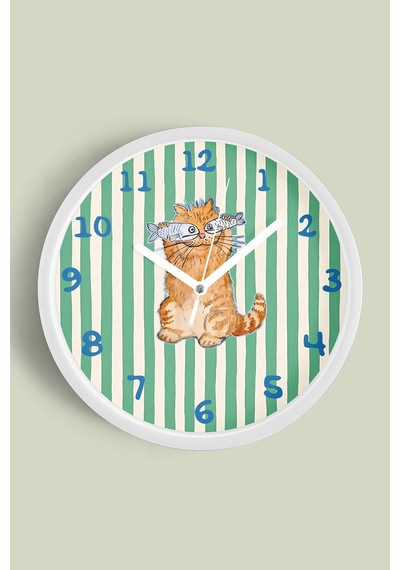 Kedi Tasarım Modern Çocuk Odası Duvar Saati - 42cm - Önü Camlı Beyaz Kasa - Sessiz Mekanizma Beyaz