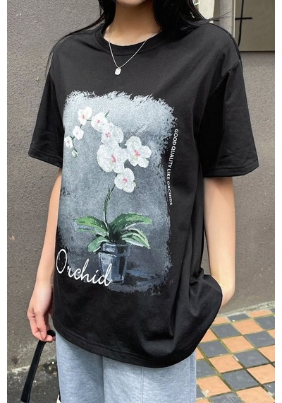 Unisex Orchid Baskılı Oversize Tshirt Siyah