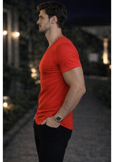 Bybülent Erkek Oval Yaka Tişört Açık Yaka Likralı Slim Fit T-shirt Kırmızı