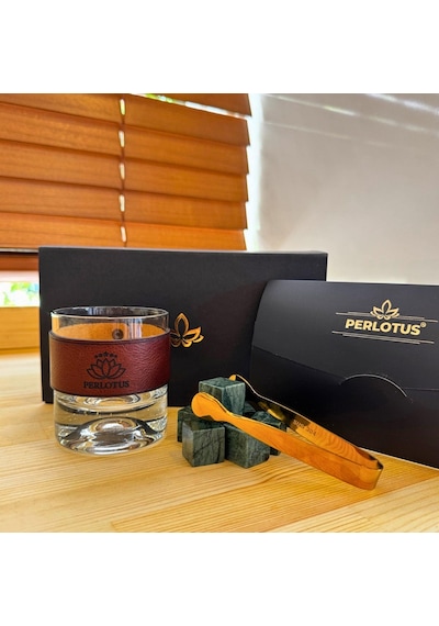 Perlotus Hakiki Deri Kılıflı Küçük Viski Bardağı Seti 6'lı Granit Viski Taşı Limited Seri Şeffaf
