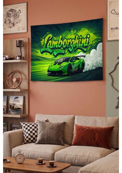 Lamborghini Yeşil Spor Araba Graffiti Drift Dekoratif Duvar Örtüsü Duvar Halısı Beyaz