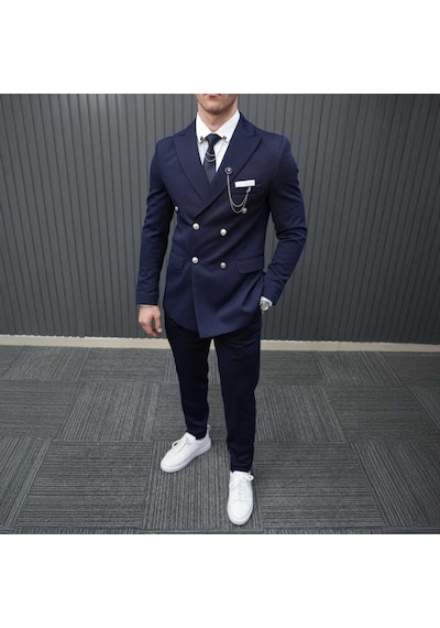 Beystil Sivri Yaka Lacivert Kruvaze Takım Elbise Petek036 - Slim Fit Lacivert