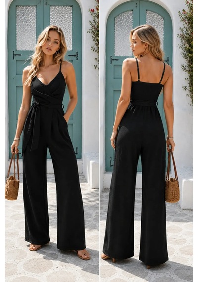 Meridefashion İp Askılı V Yaka Belden Kuşaklı Aerobin Kumaş Siyah Tulum 2xl/3xl