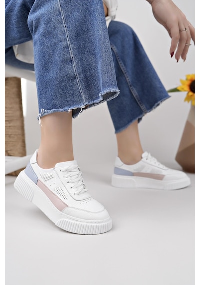 Nesilshoes Nesil Shoes Comfo 100 Beyaz Pembe Hakiki Soft Deri Kadın Sneakers
