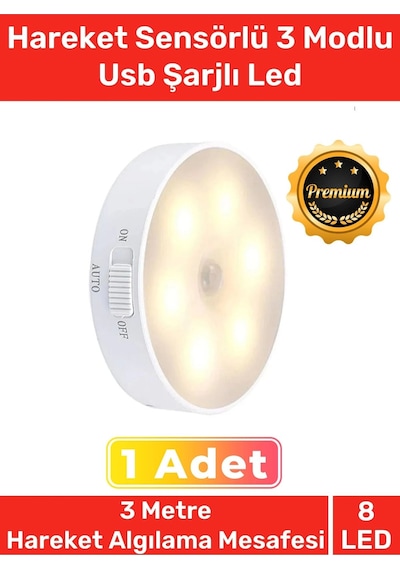 Premium Üretim Mıknatıslı 3 Mod Pratik Hareket Sensörlü 8 Ledli Usb Şarjlı Beyaz Işık Gece Lambası Çok Renkli