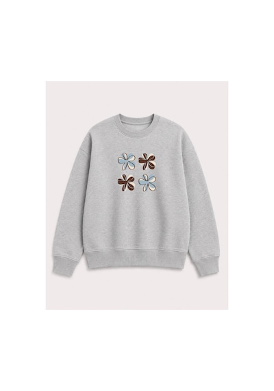 Herkesemoda Çiçek Baskılı 2 İplik Şardonlu Bisiklet Yaka Sweatshirt Gri