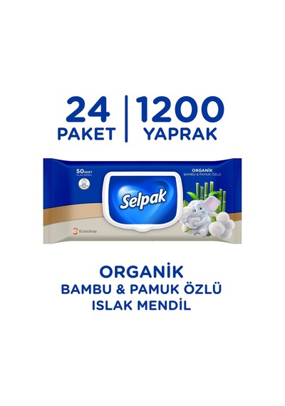 Organik Bambu ve Organik Pamuk Özlü Islak Mendil 24'lü 1200 Yaprak Tekli