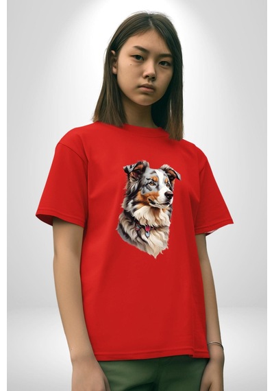 Australian Shepherd Köpek Pamuklu Bisiklet Yaka Unisex Oversize Boyfriend Dijital Baskılı Kırmızı T-shirt Kırmızı