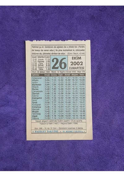 26 Ekim 2002 Takvim Yaprağı - Nostalji Koleksiyonluk Takvim Yaprağı