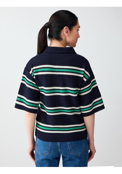 Jimmy Key Lacivert Polo Yaka Kısa Kollu Çizgili Triko Bluz 6sw035688494