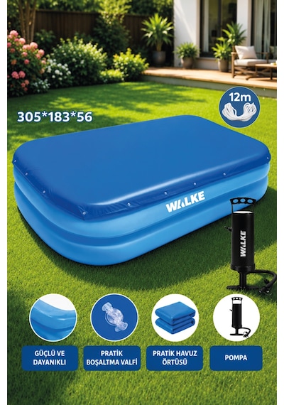 Walke Şişme Aile Havuzu 305x183x56 Cm Büyük Boy Bahçe Havuzu-pompa Ve Havuz Örtüsü Dahil 14108 Mavi