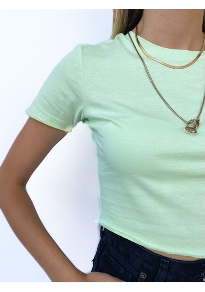 Kadın Büzgü Detaylı Crop Mint Tshirt