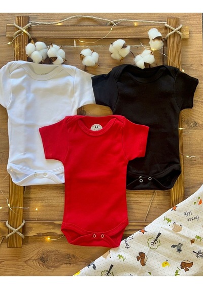 Betül Bebek Kısa Kollu 3'lü Organik Pamuk Çıtçıtlı Bebek Body&zıbın Siyah,beyaz,kırmızı Çok Renkli